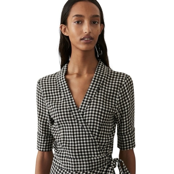GANNI Gingham Crepe De Chin Black White Check True Wrap Dress Women’s Large - Picture 3 of 15